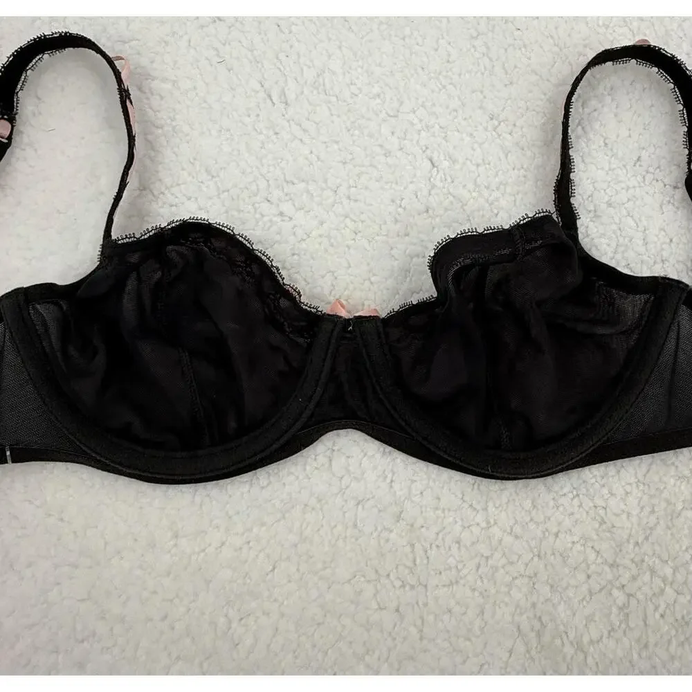 Victorias Secret Black Underwire Pink Ribbon Adjustable Straps Lace Bra Size 36B - Picture 3 of 6